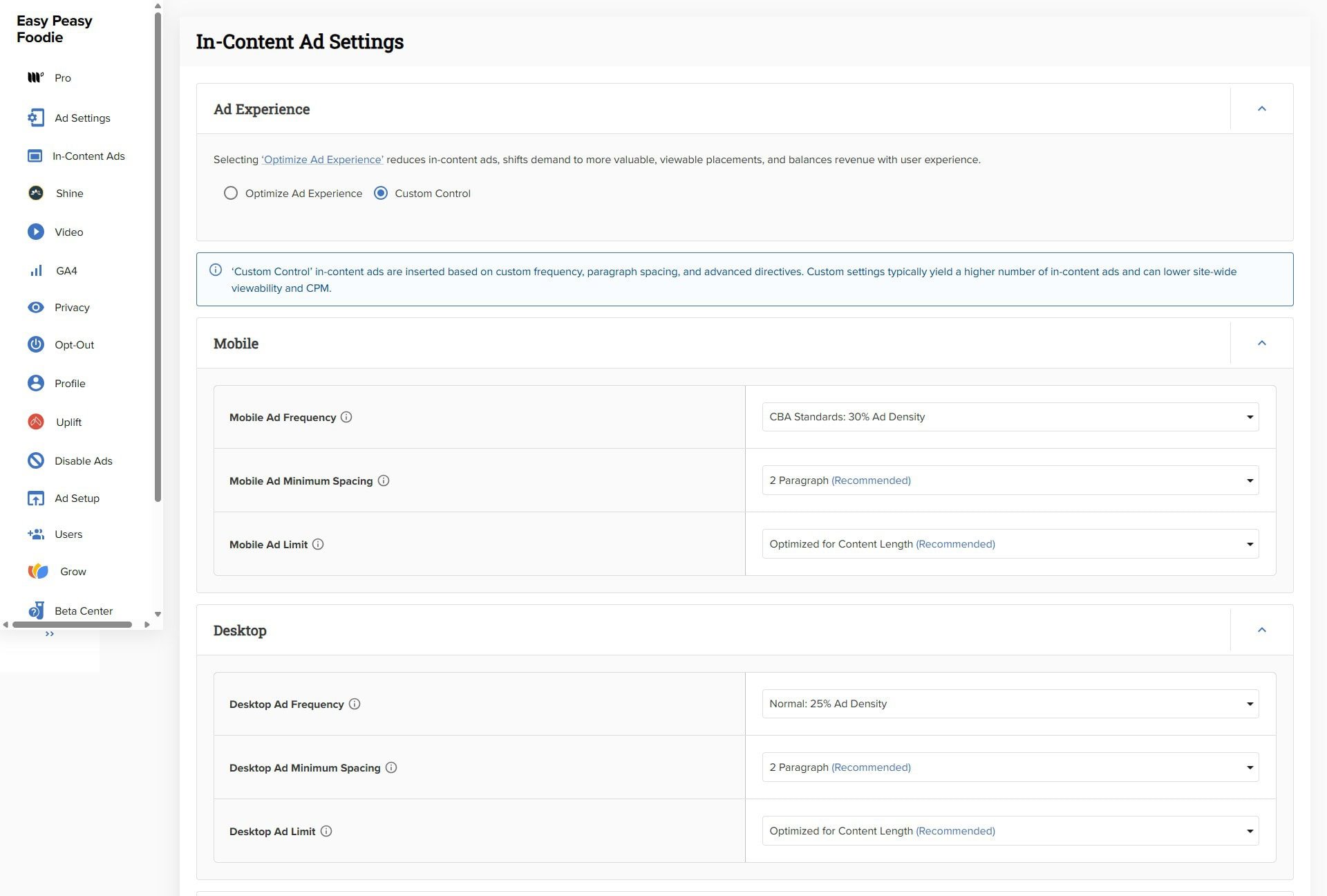 Mediavine Settings In Content Ads