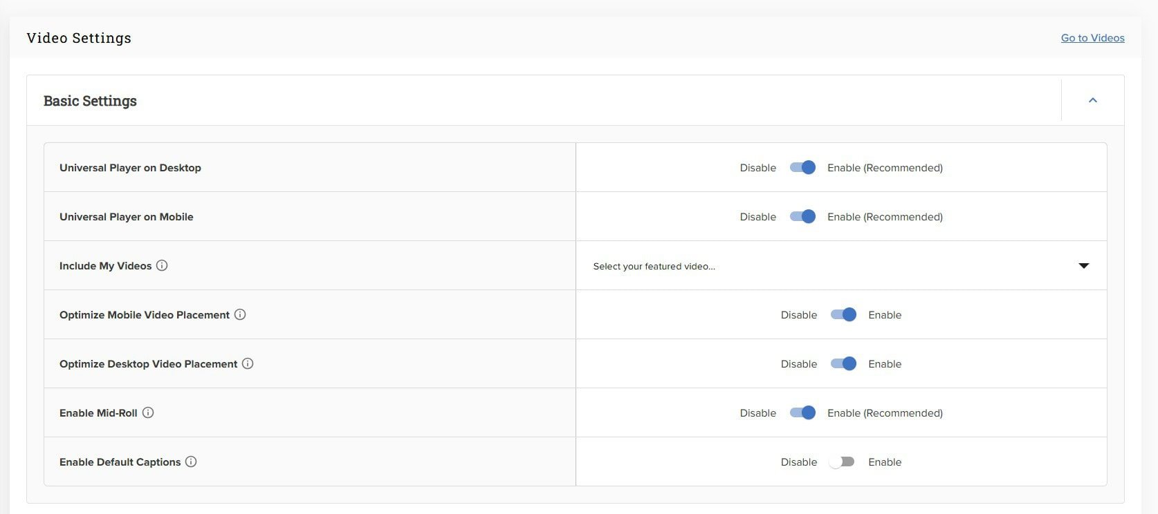 Mediavine Video Settings