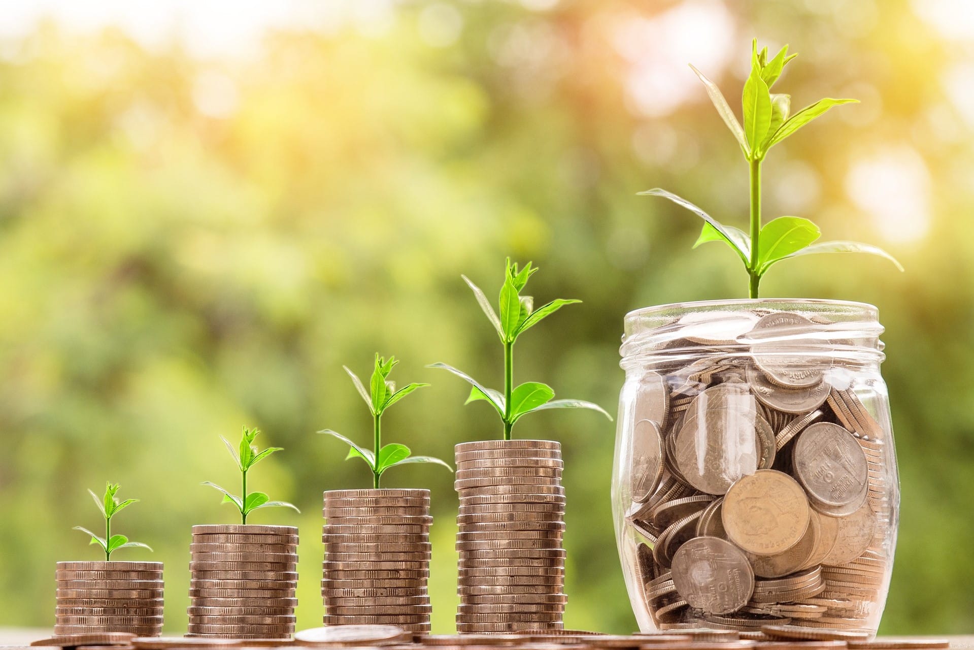 Piles of coins with green shoots growing out of the top of each one. The first pile of money is small and the piles increase in size left to right. The last one is a jam jar full of coins!
