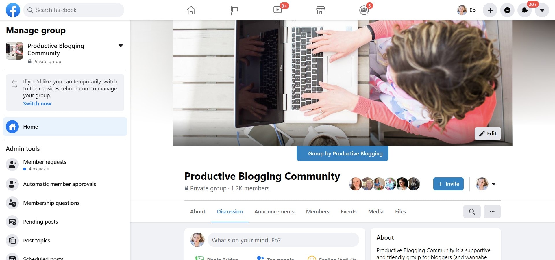 Screengrab of the top of the Productive Blogging Community Facebook Group (Links to the group on Facebook)