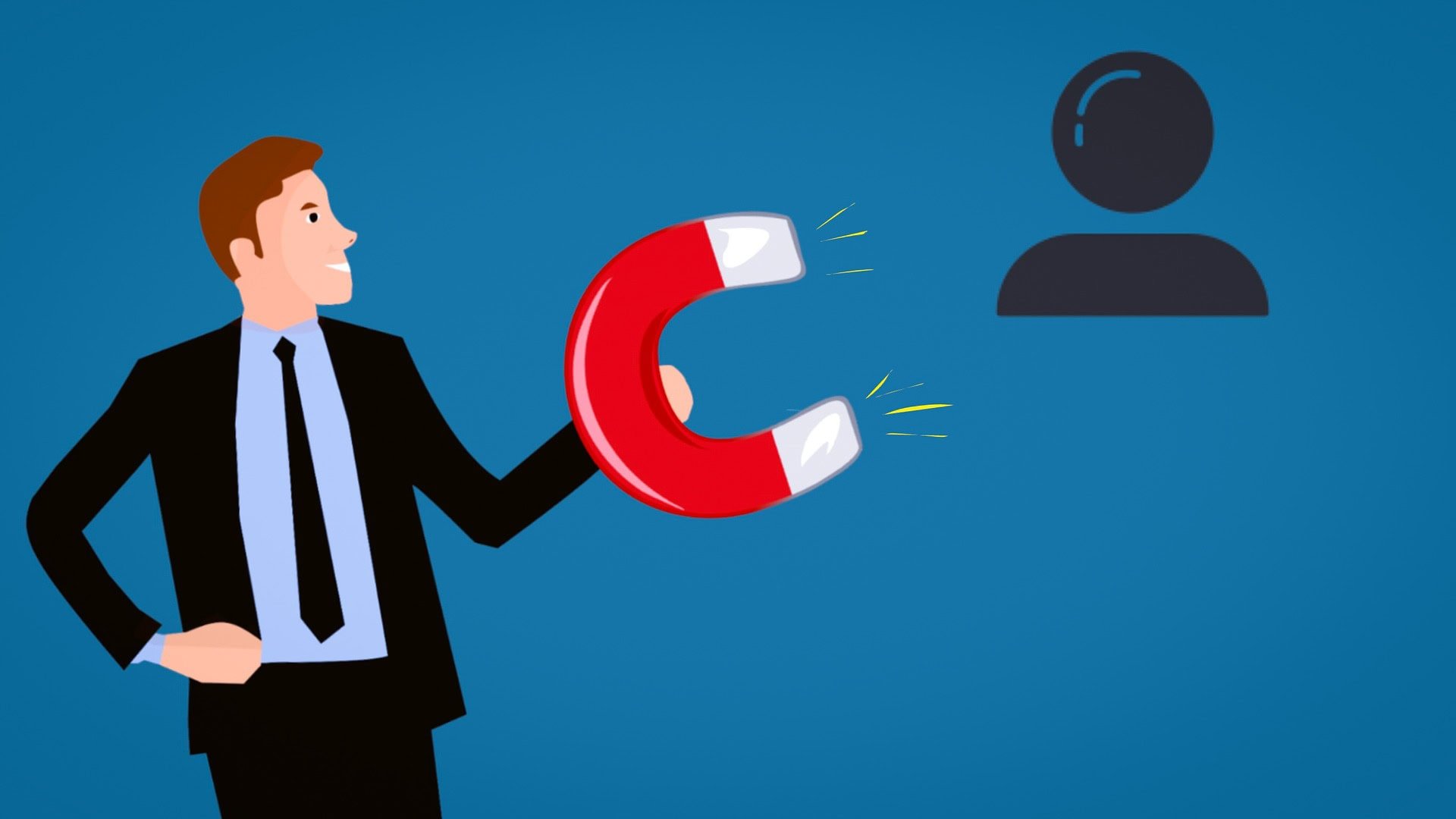 Image of a man holding a large magnet which is attracting a silhouette of a person's head and shoulders